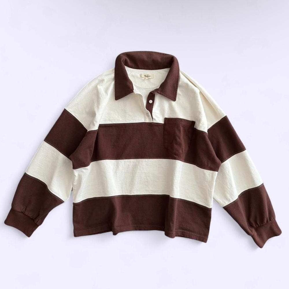 Madewell Rugby Shirt Brown Ivory Made in Peru Relaxed Preppy - Picture 2 of 8